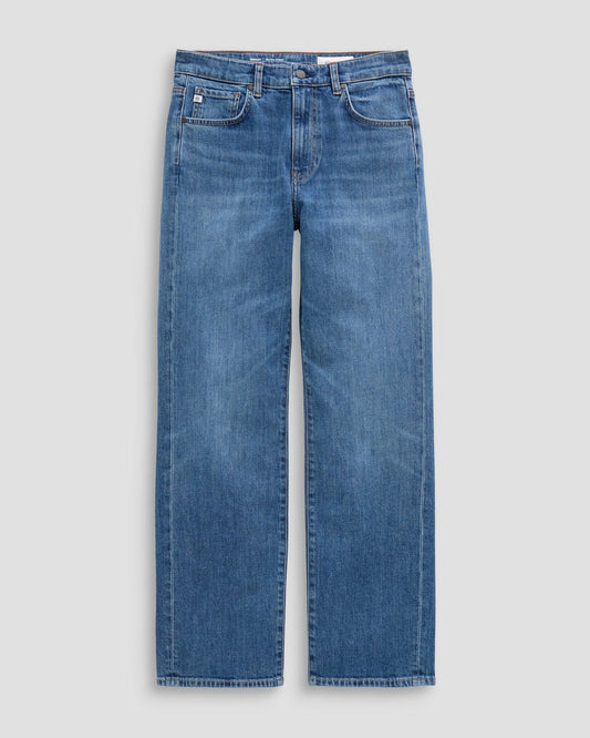 A pair of medium-wash blue denim jeans with a straight-leg fit, shown flat against a light gray background.