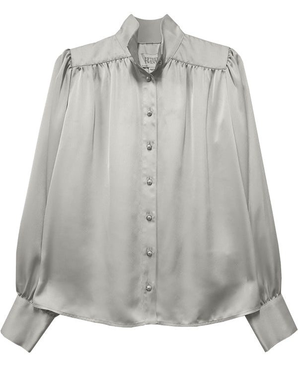 A light gray satin blouse with a high gathered collar, long balloon sleeves, and a button-down front, shown against a plain white background.