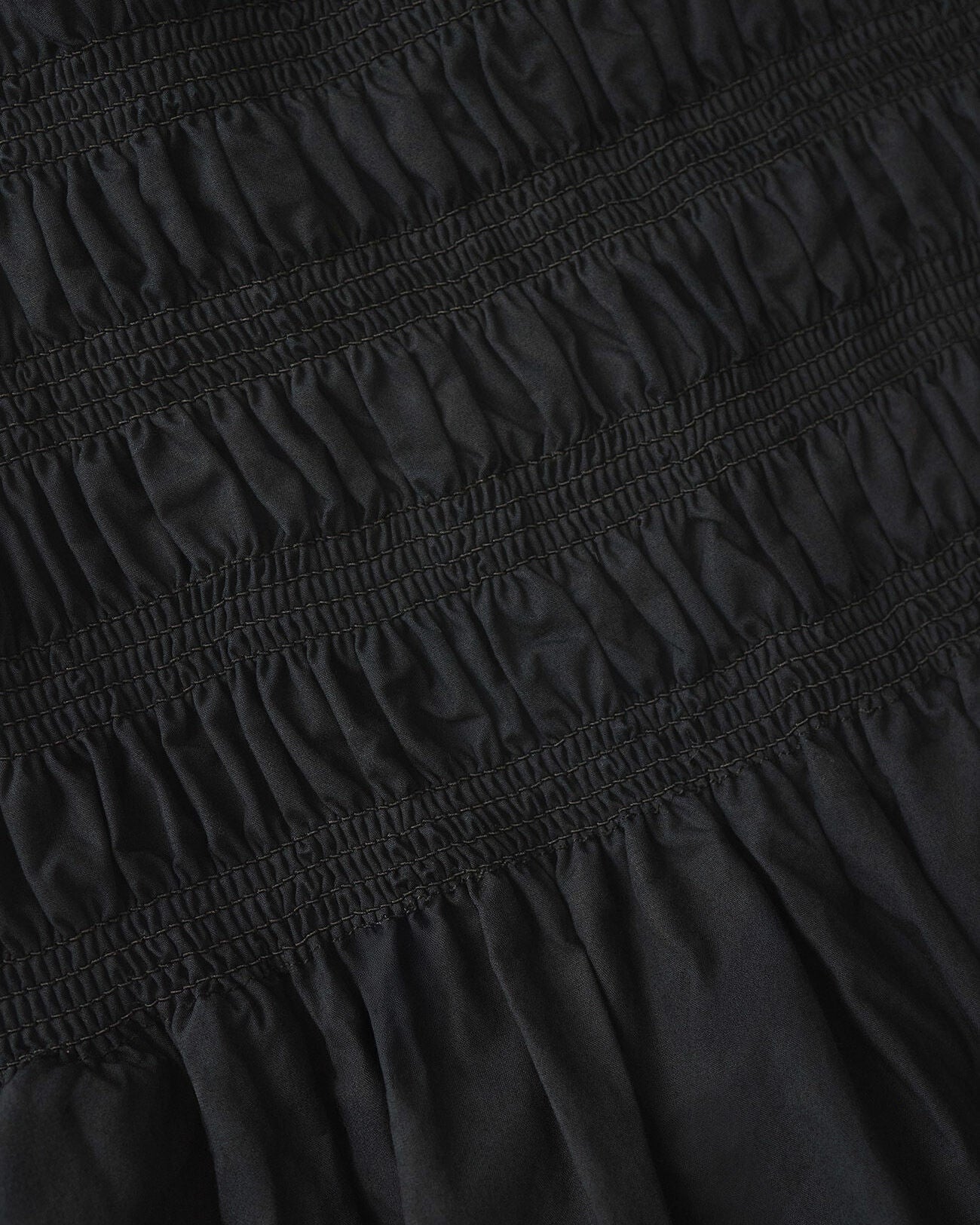 Close-up of a black dress with smocked details