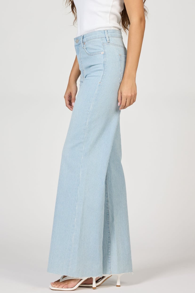 Light blue wide-leg jeans worn by a person on a white background