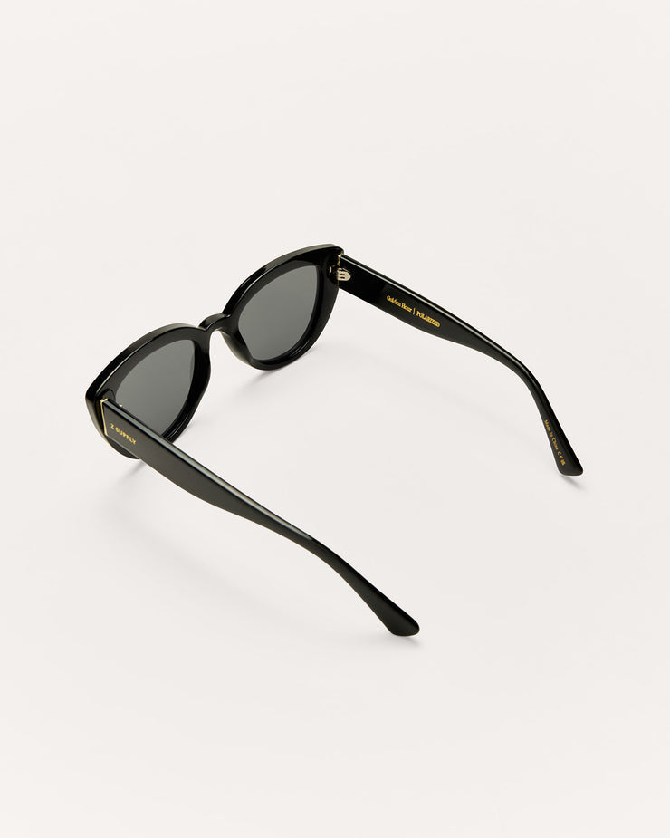 Black sunglasses with gold accents on a white background