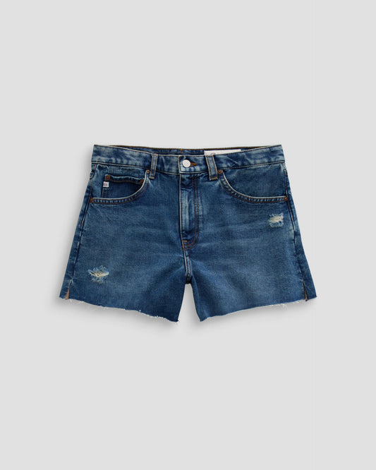 Blue denim shorts on a light gray background