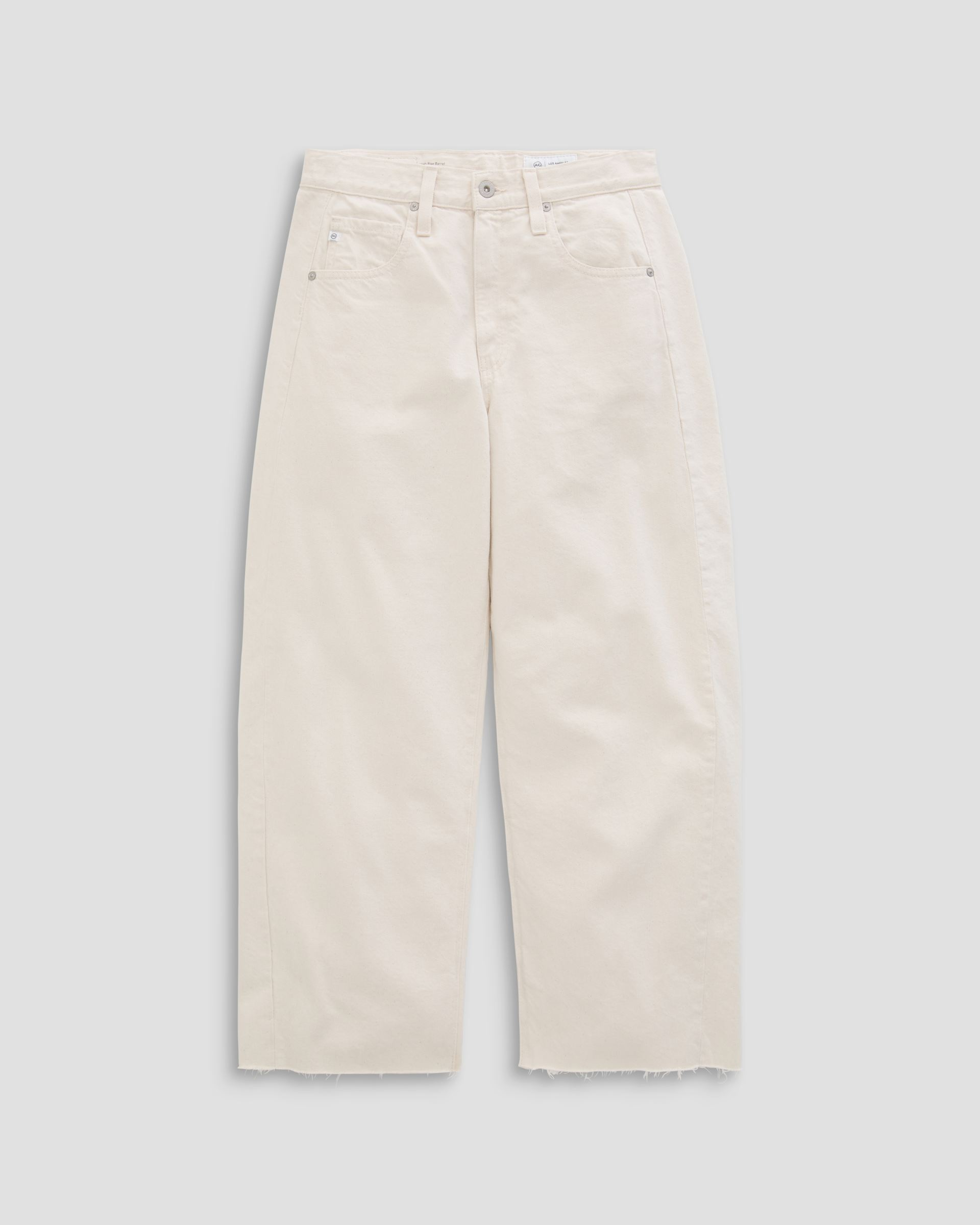 A pair of off-white wide-leg jeans with a raw, frayed hem, displayed flat against a light gray background.