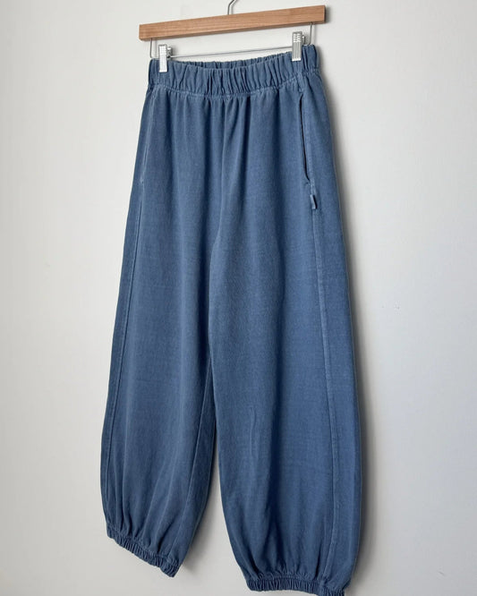 Blue pants hanging on a wooden hanger against a white background