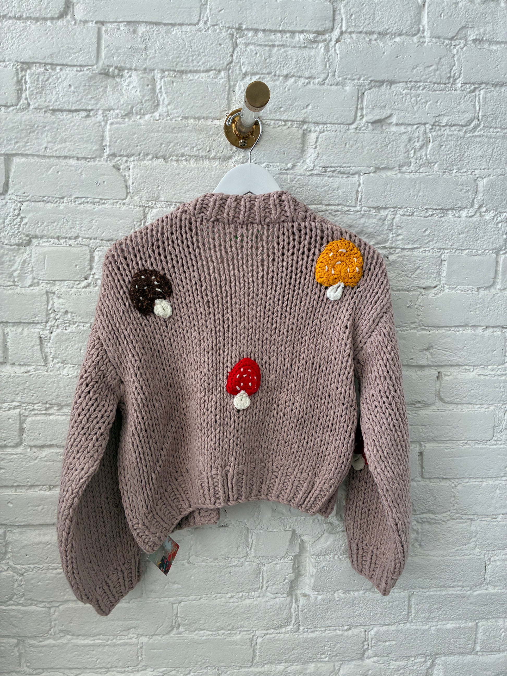 mauve knit sweater with red, yellow, and brown mushrooms against a white brick wall- backside