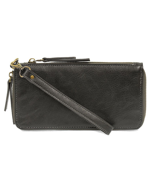Hematite vegan leather wrist wallet against a white background.