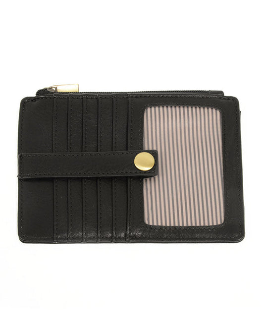 Black wallet with a gold zipper pull on a white background