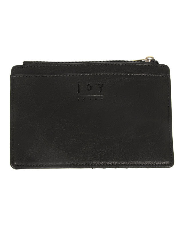 Black vegan leather pouch with 'JOY' branding on a white background