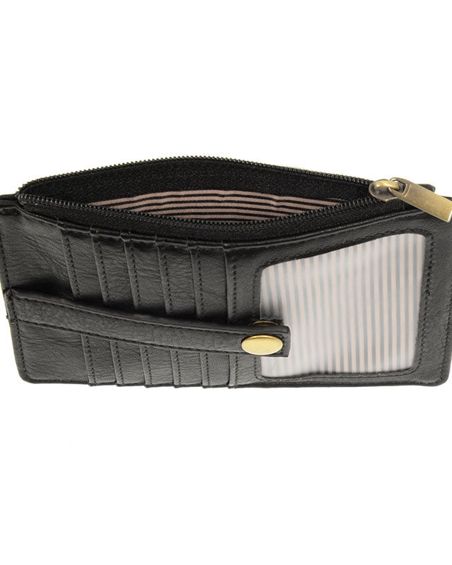 Black wallet with gold accents on a white background