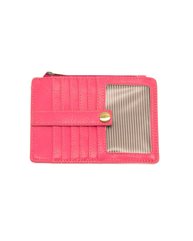 ChaCha Pink vegan leather wallet with gold accents against a white background.