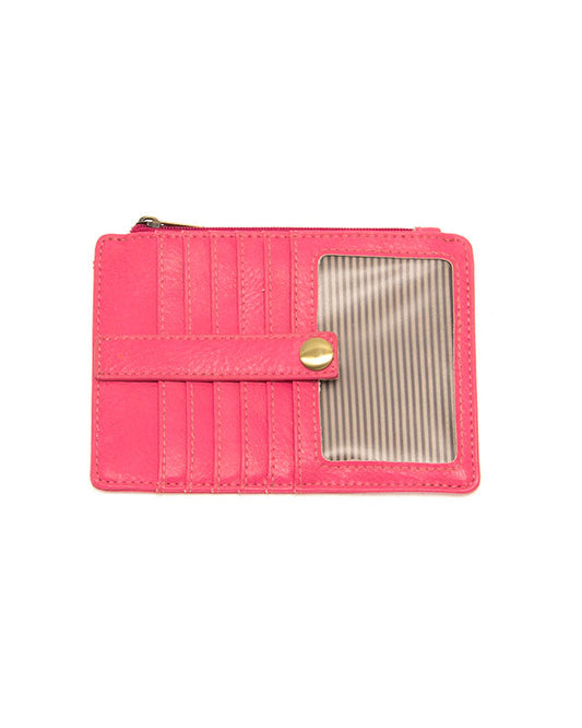 ChaCha Pink vegan leather wallet with gold accents against a white background.