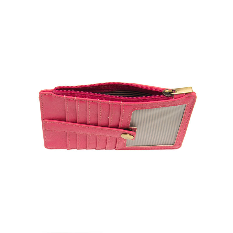 ChaCha Pink vegan leather wallet with gold accents against a white background.