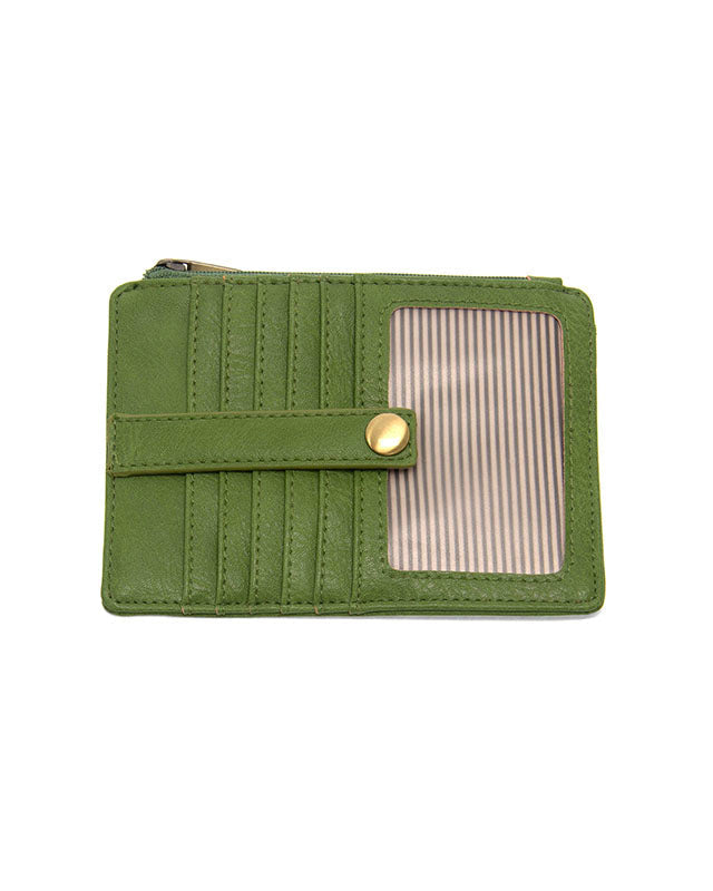 Forever Green vegan leather wallet with gold accents against a white background.