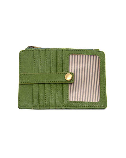 Forever Green vegan leather wallet with gold accents against a white background.
