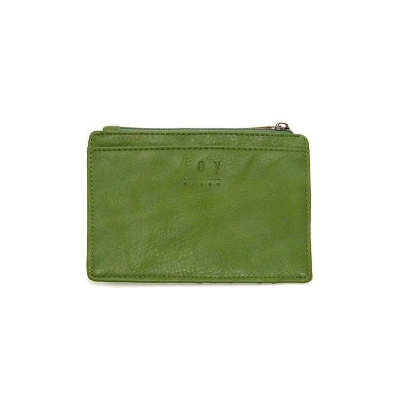 Forever Green vegan leather wallet with gold accents against a white background.