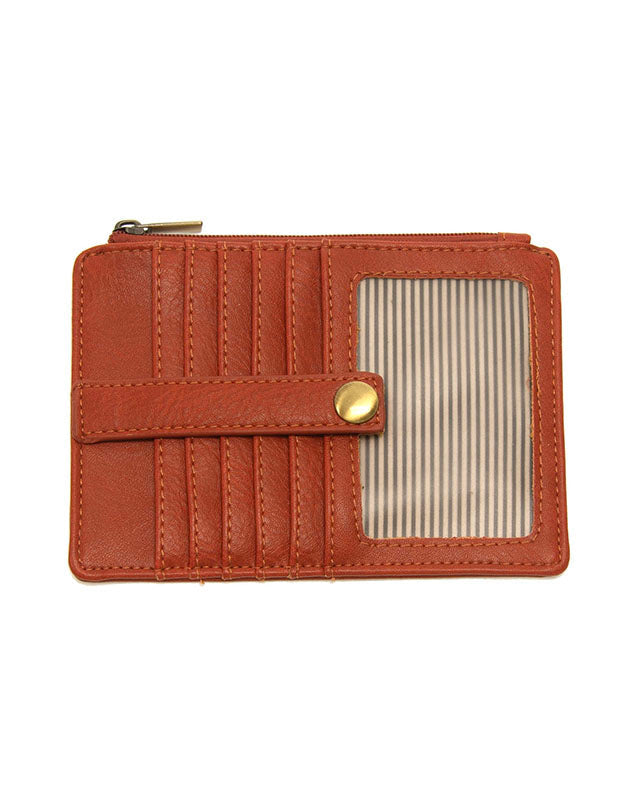 Terracotta vegan leather wallet with gold accents against a white background.