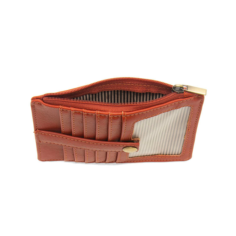 Terracotta vegan leather wallet with gold accents against a white background.