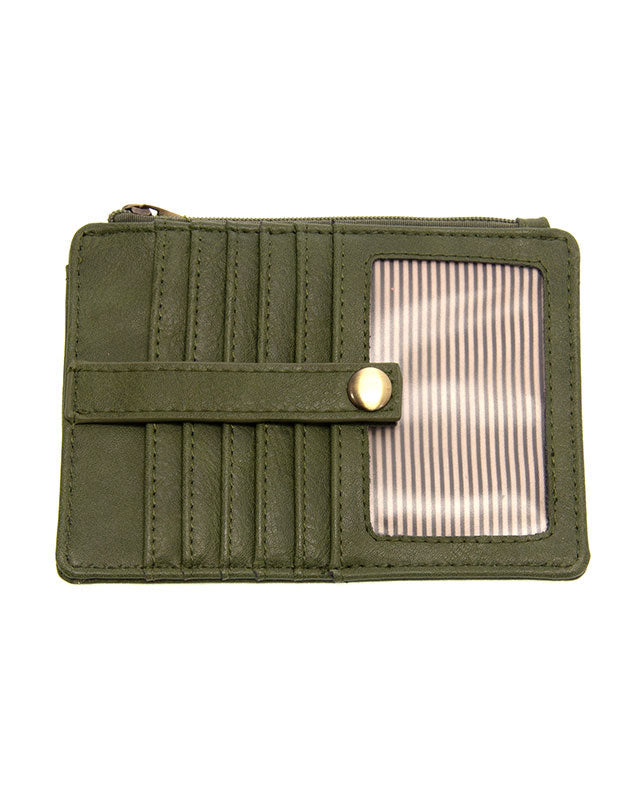 Dark Basil vegan leather wallet with gold accents against a white background.