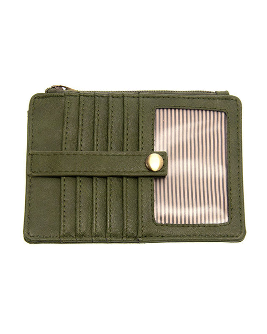 Dark Basil vegan leather wallet with gold accents against a white background.