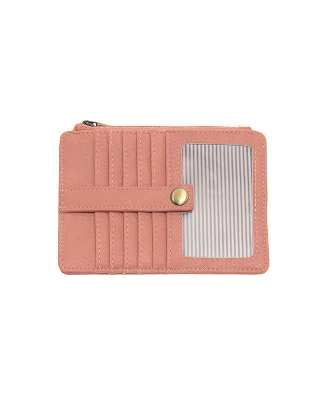 Clay Pink vegan leather wallet with gold accents against a white background.