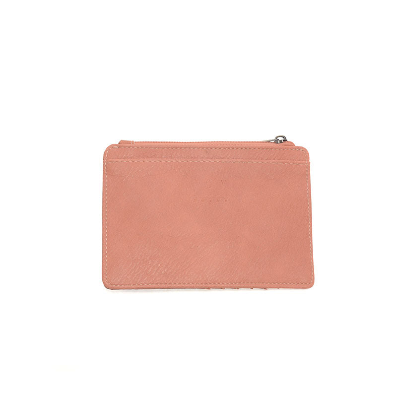 Clay Pink vegan leather wallet with gold accents against a white background.