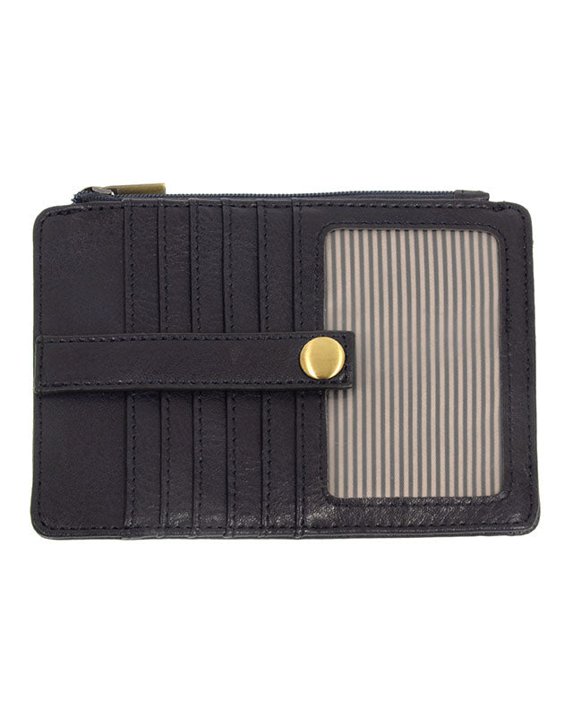 Midnight Blue vegan leather wallet with gold accents against a white background.