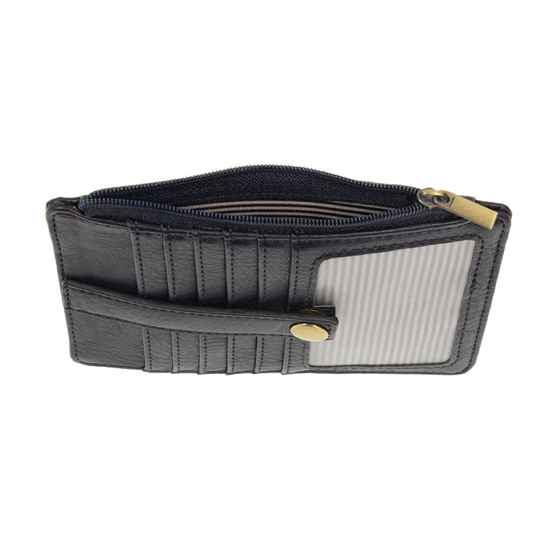 Midnight Blue vegan leather wallet with gold accents against a white background.