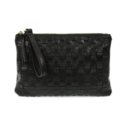 Black woven convertible crossbody clutch against a white background.
