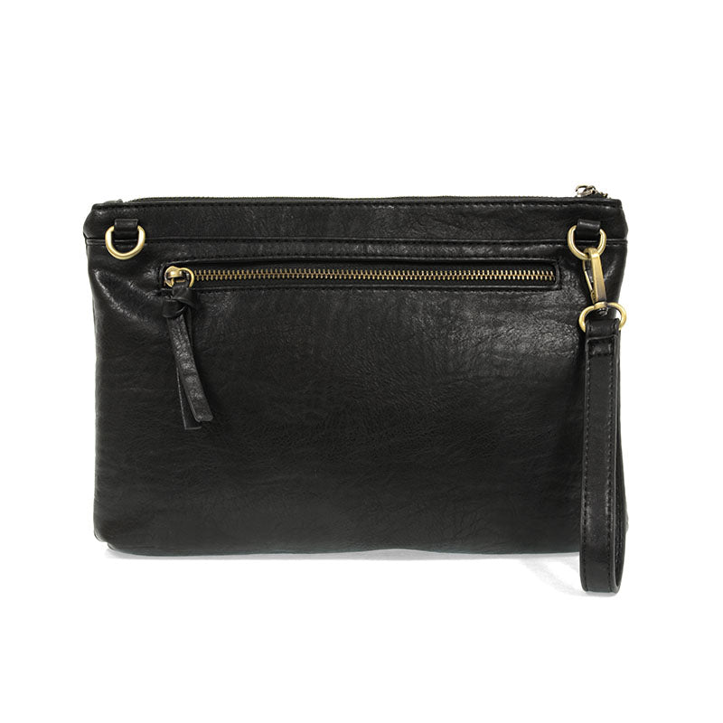 Black woven convertible crossbody clutch against a white background.