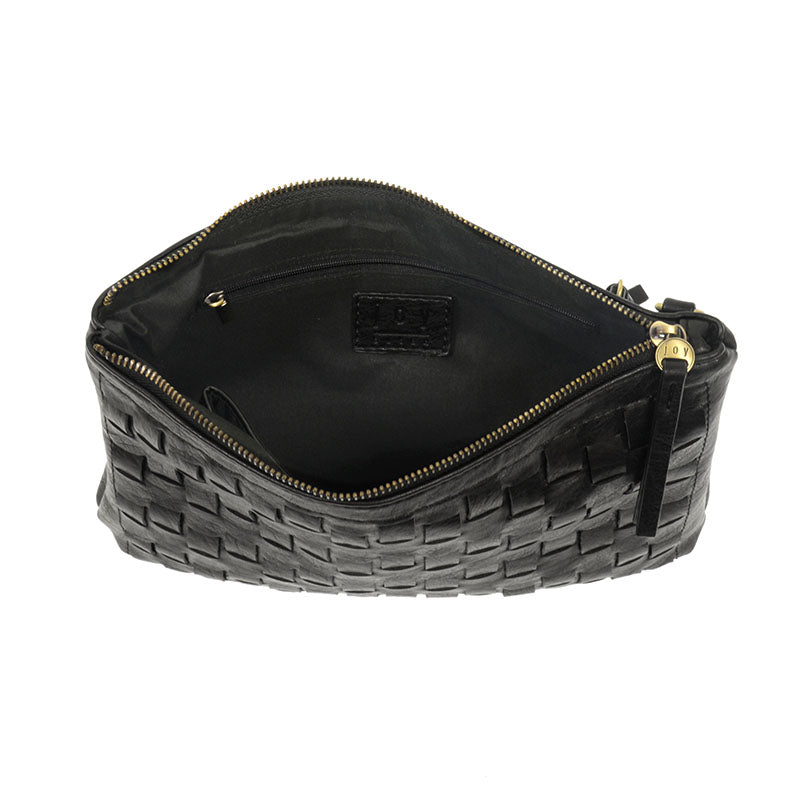 Black woven convertible crossbody clutch against a white background.