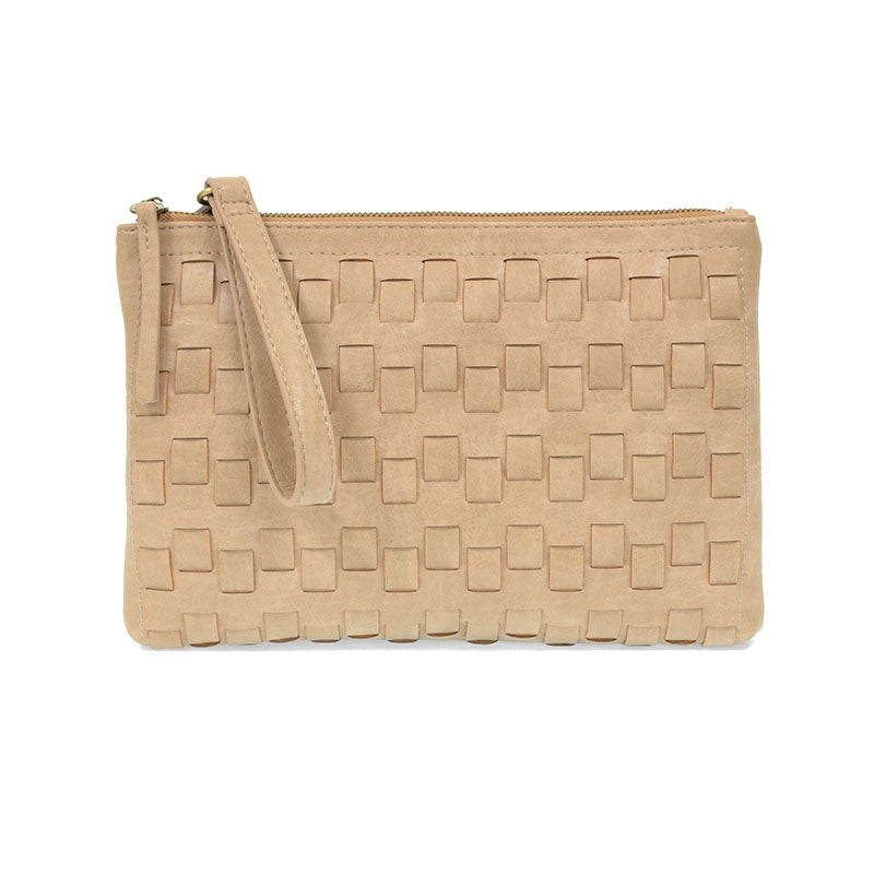 Buff woven convertible crossbody clutch against a white background.