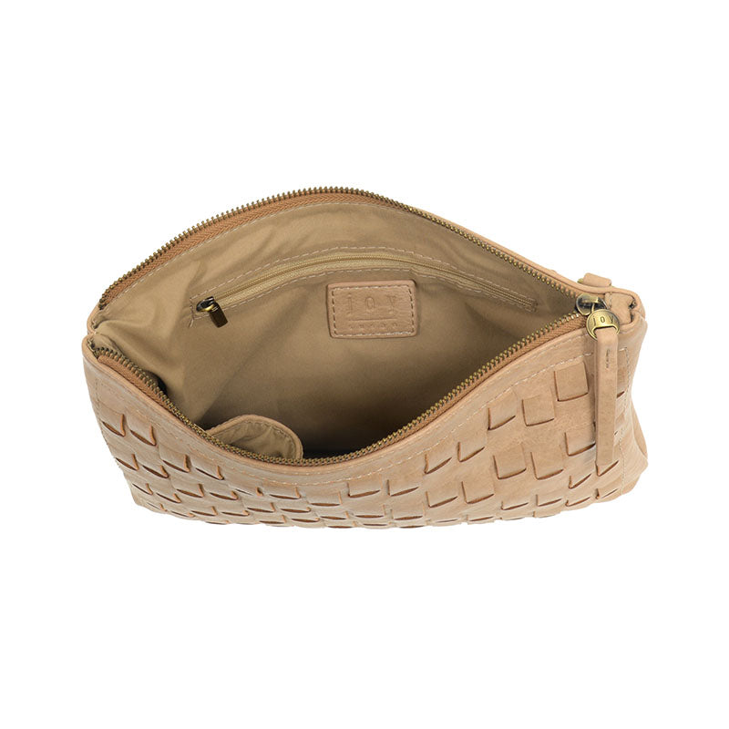 Buff woven convertible crossbody clutch against a white background.