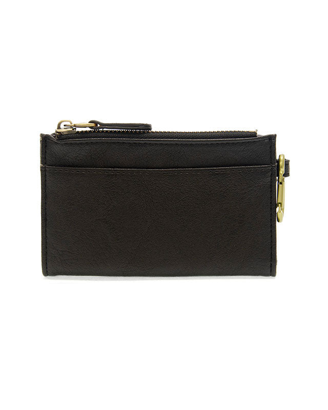 Black vegan leather wallet with brass accents against a white background.