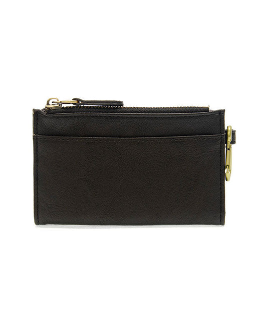 Black vegan leather wallet with brass accents against a white background.