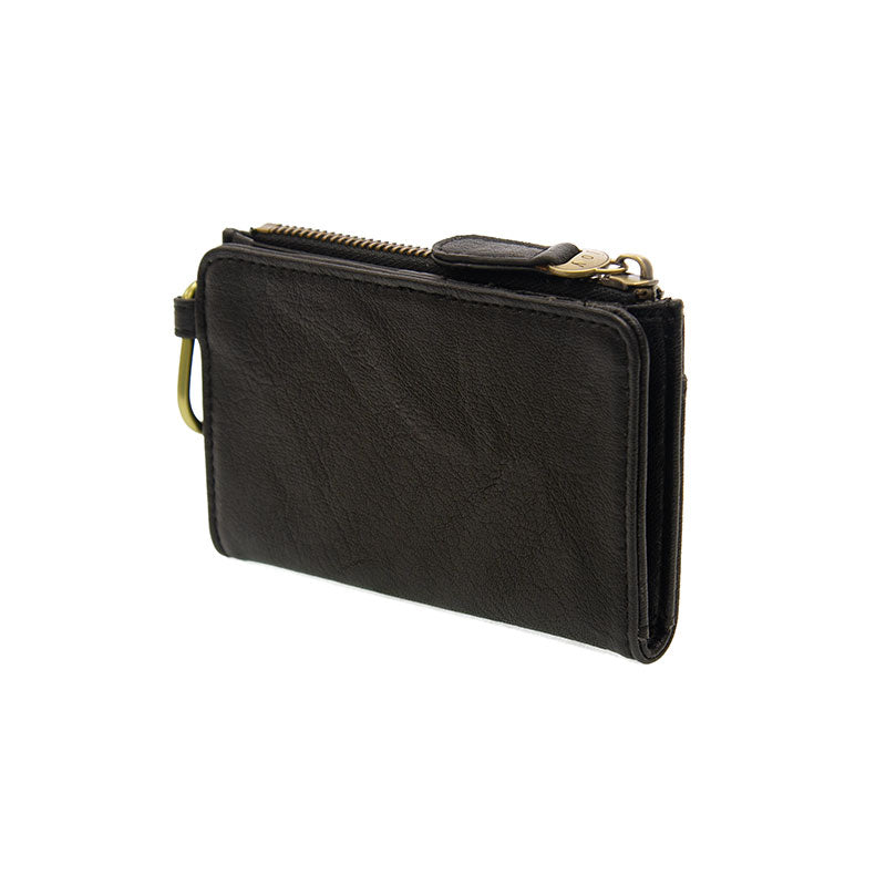 Black vegan leather wallet with brass accents against a white background.