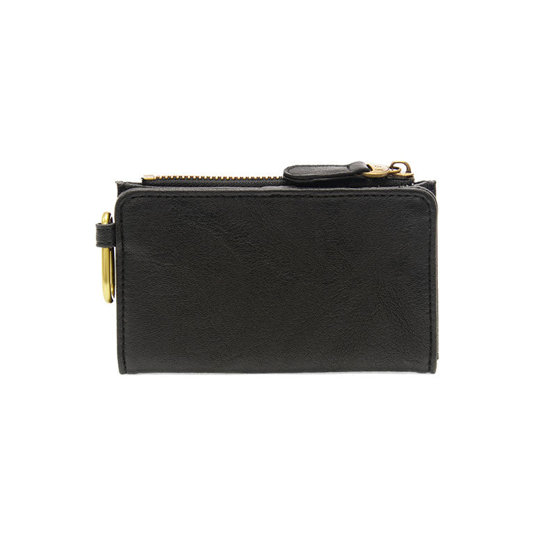 Black vegan leather wallet with brass accents against a white background.