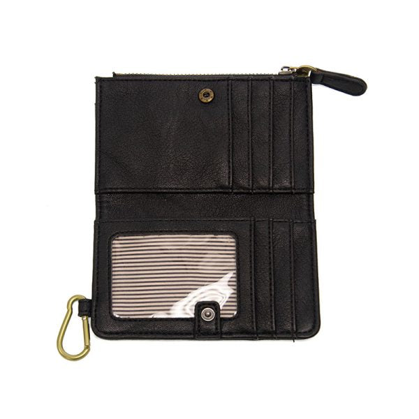 Black vegan leather wallet opened with brass accents against a white background.
