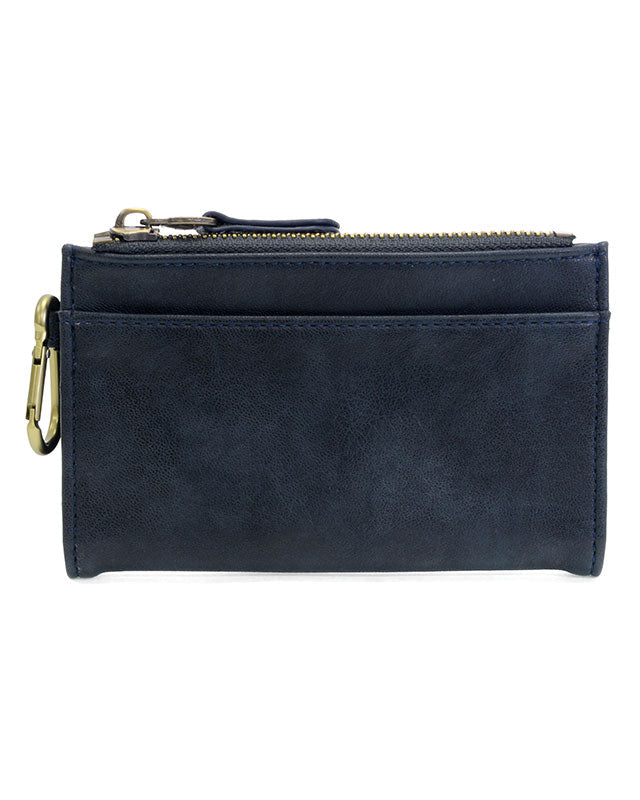 Navy vegan leather wallet with brass accents against a white background.