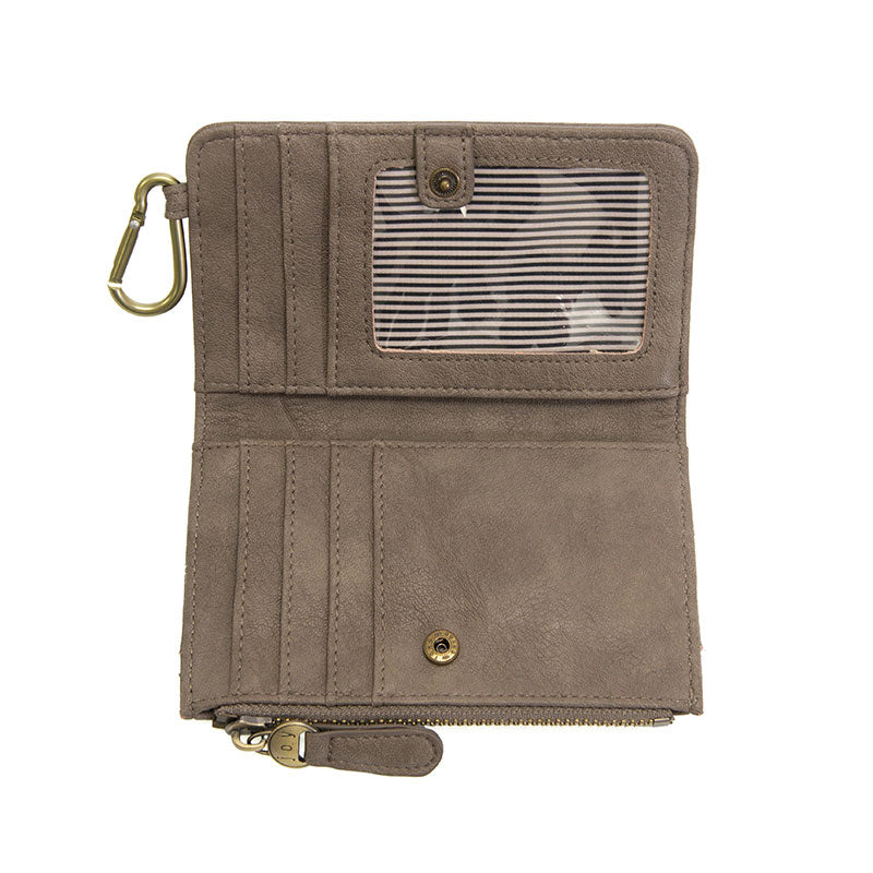 Dark taupe vegan leather wallet with brass accents opened against a white background.