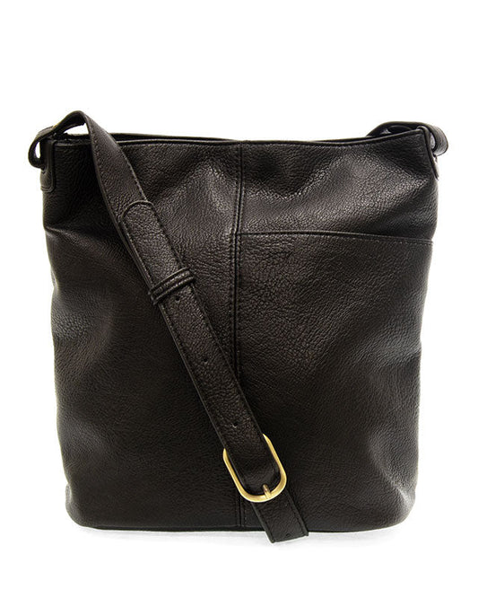 Black vegan leather bucket handbag with gold accents against a white background.