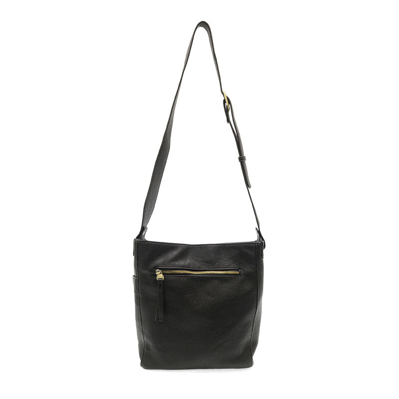 Black vegan leather bucket handbag with gold accents against a white background.
