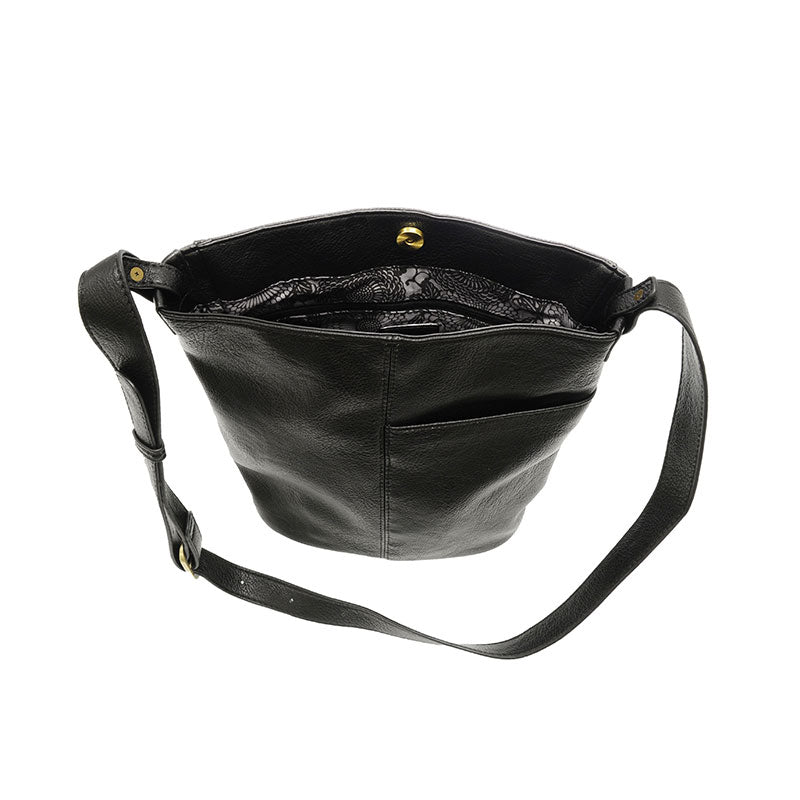 Black vegan leather bucket handbag opened with gold accents against a white background.