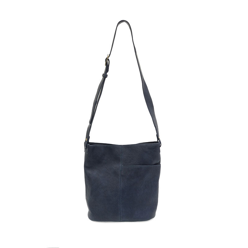 Navy vegan leather bucket handbag with gold accents against a white background.