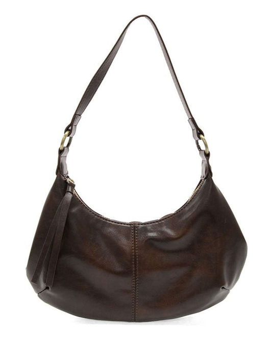 Mocha vegan leather shoulder bag with brass accents against a white background.