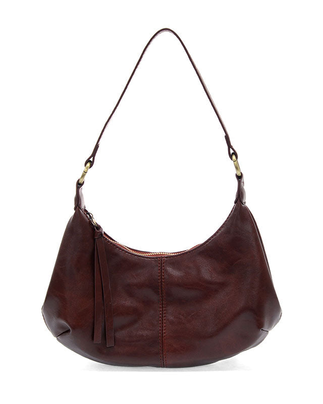 Maroon vegan leather shoulder bag against a white background.