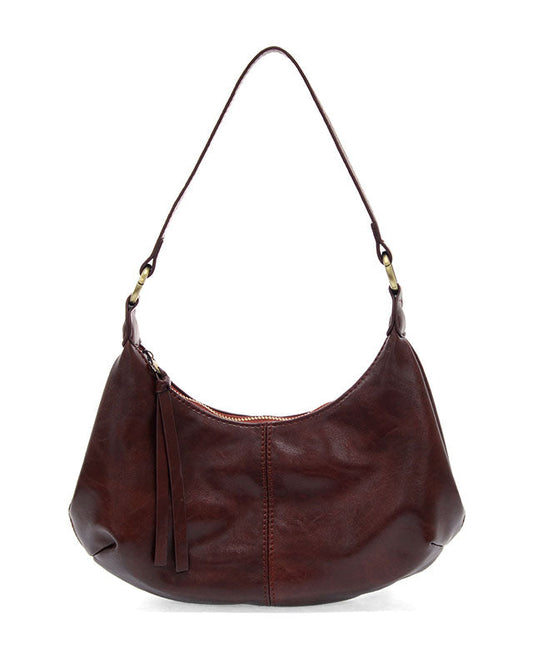 Maroon vegan leather shoulder bag against a white background.
