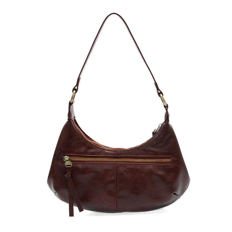 Maroon vegan leather shoulder bag against a white background.