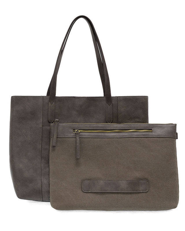 Taupe vegan leather laptop tote against a white background.
