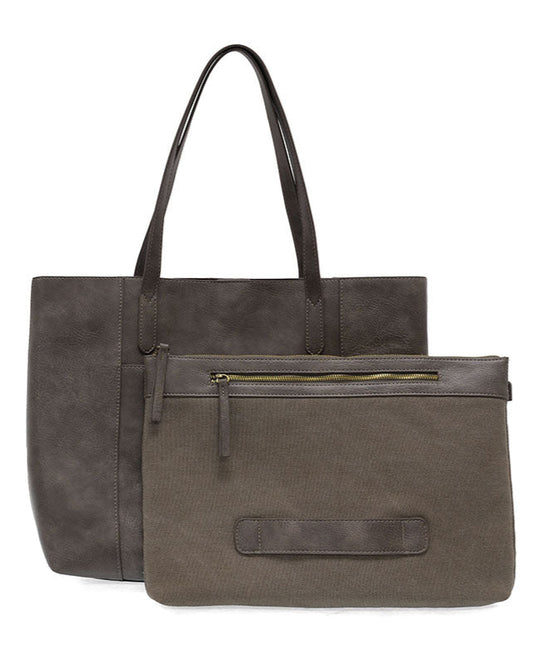 Taupe vegan leather laptop tote against a white background.