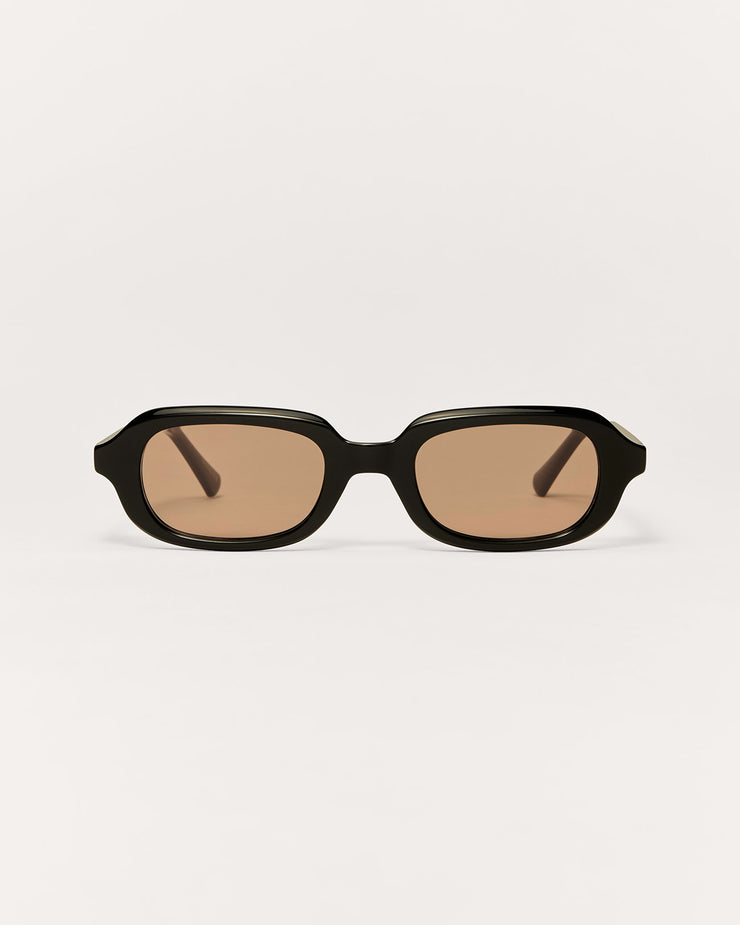 Black sunglasses with brown lenses on a white background